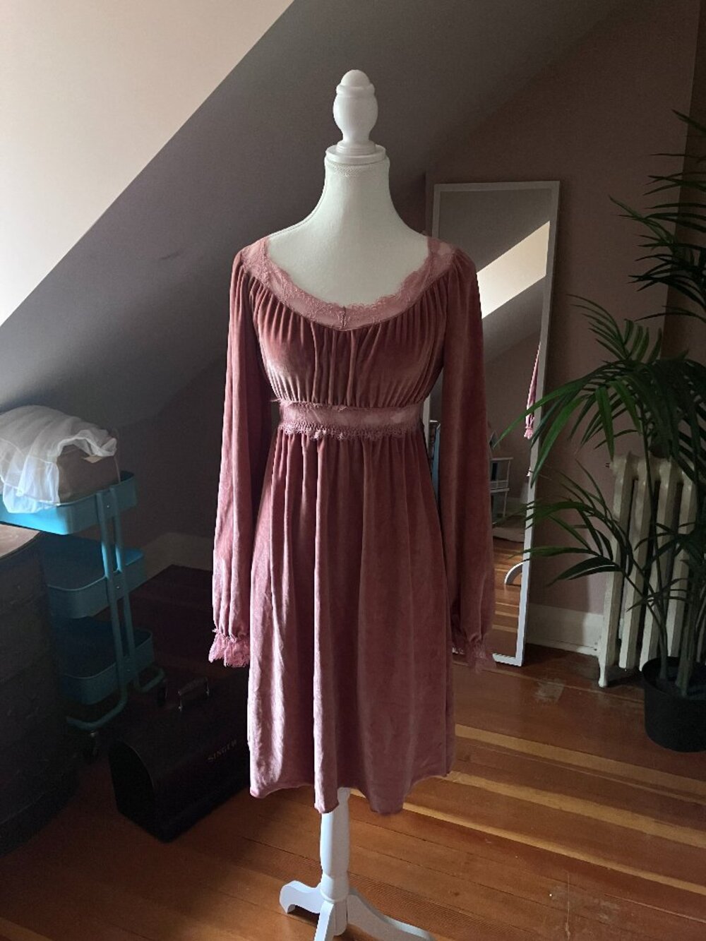 Deep dusty pink velvet babydoll dress long puffy sleeve empire waist regency